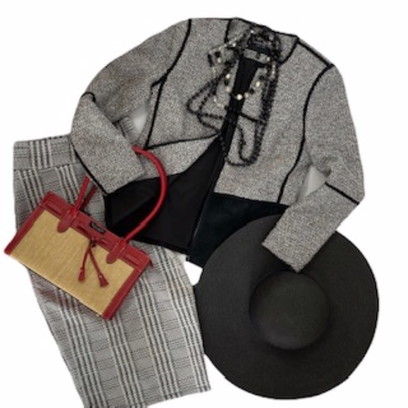 Lafayette 148 NY Collarless Black White Tweed/Suede Fitted Jacket Sz P Front Zip - Picture 5 of 16